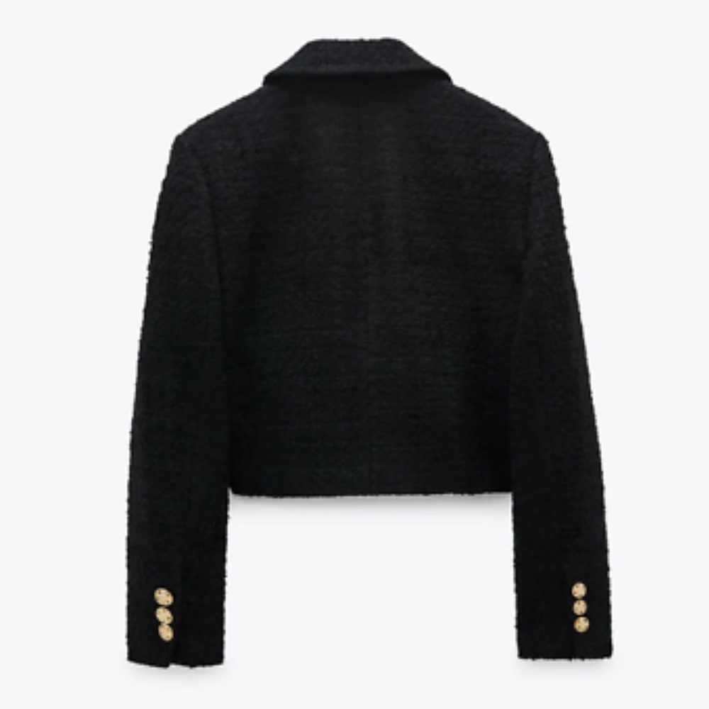 ZARA WOMEN NEW DOUBLE BREASTED TEXTURED CROPPED BLAZER TWEED BLACK 7970/679 XL